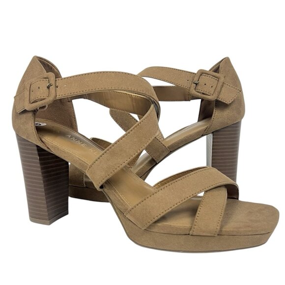 AK Anne Klein Valta Chunky Sandals Size 9.5 Block Heel Strappy Brown Crossover - Picture 3 of 9